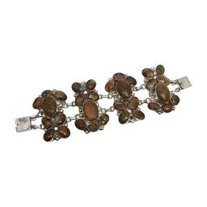Native American Sterling Silver Brown Turquoise Wide Cluster Link Bracelet 19773